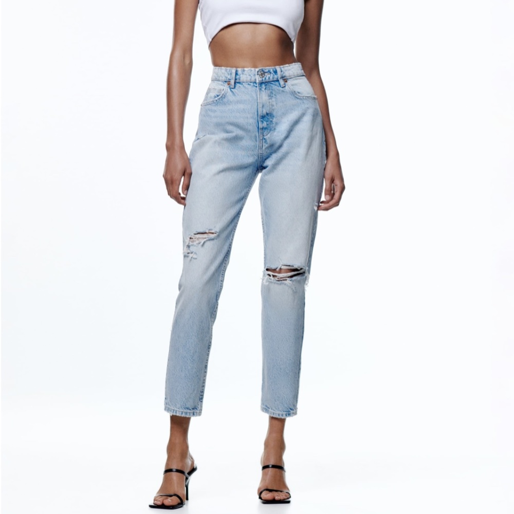 Zara Ripped Mom Fit Light Blue Jeans